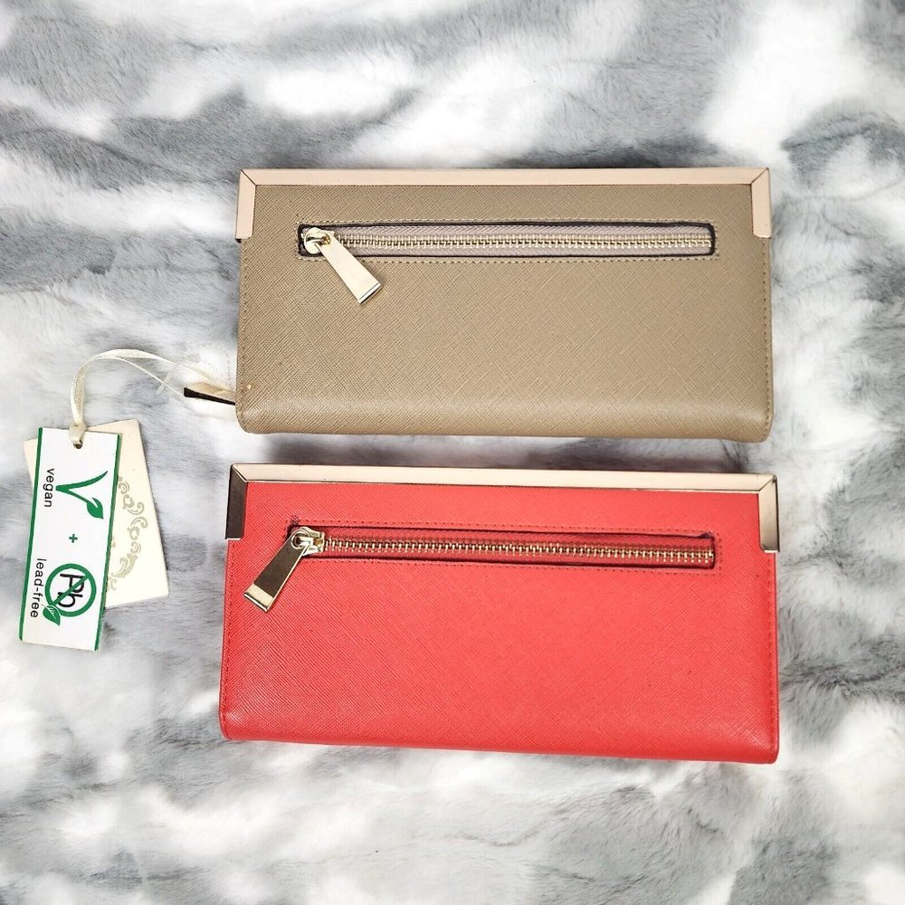 Isabelle Lot of 2 Coral Pink & Tan Gold Zip Around Wallets - 1 NWT & 1 Pre-owned